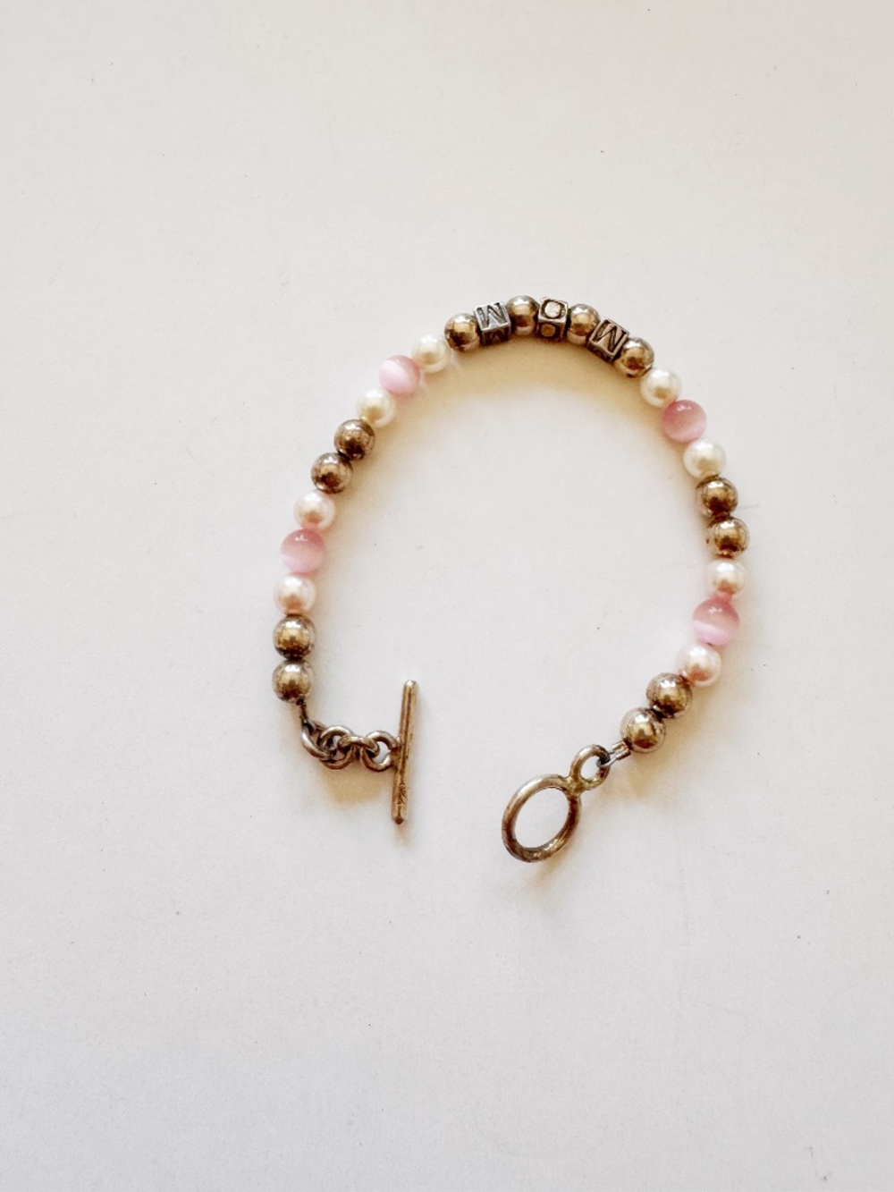 925 Sterling Silver MOM Block Letter Bracelet 7 Inch Pearl Pink Bead Toggle 10.7